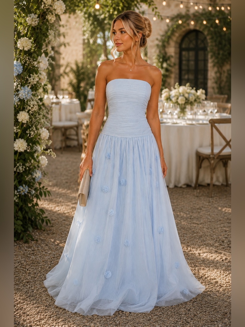 Strapless Light Blue Tulle Gown with Rosette Accents #234
